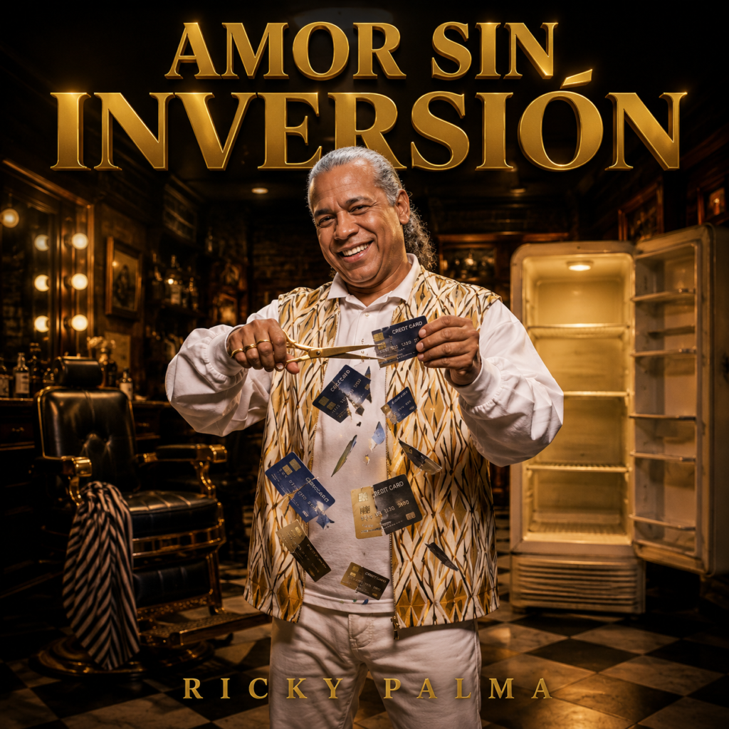 Ricky Palma – portada del tema Amor Sin Inversión, hombre cortando tarjetas de crédito frente a nevera vacía, música latina.