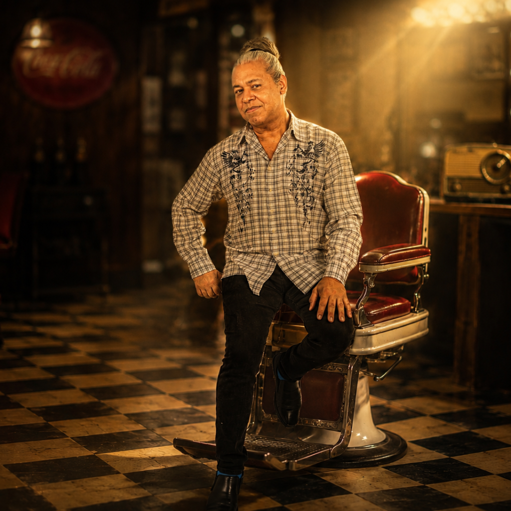 Ricky Palma, cantante y compositor panameño, sentado en una silla de barbero roja vintage en una peluquería clásica de los años 70. Imagen de La Silla de los Secretos, su proyecto de Pop Tropical Panameño.